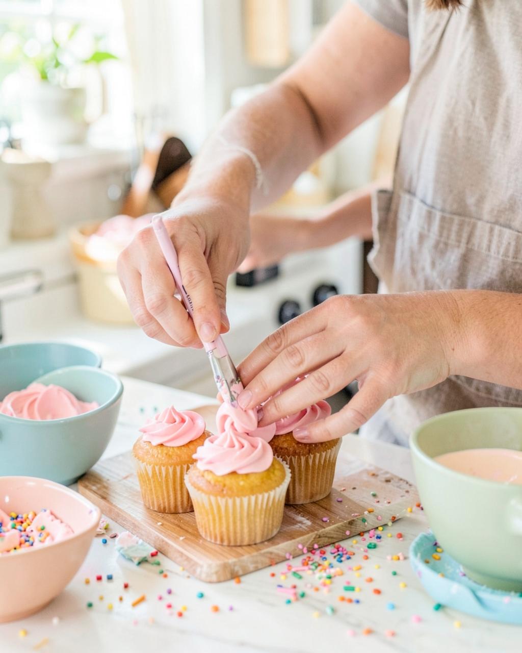 Piping pink buttercream onto cupcakes in the kitchen