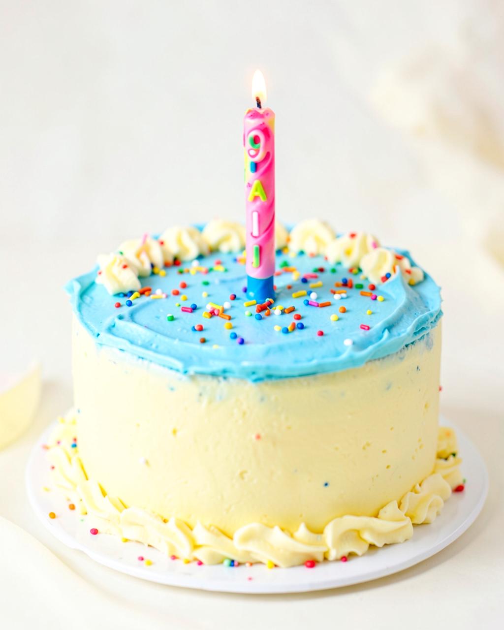 Sky blue and butter yellow birthday cake with a candle