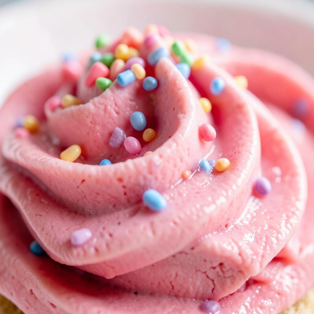Close-up of raspberry pink buttercream swirl with sprinkles