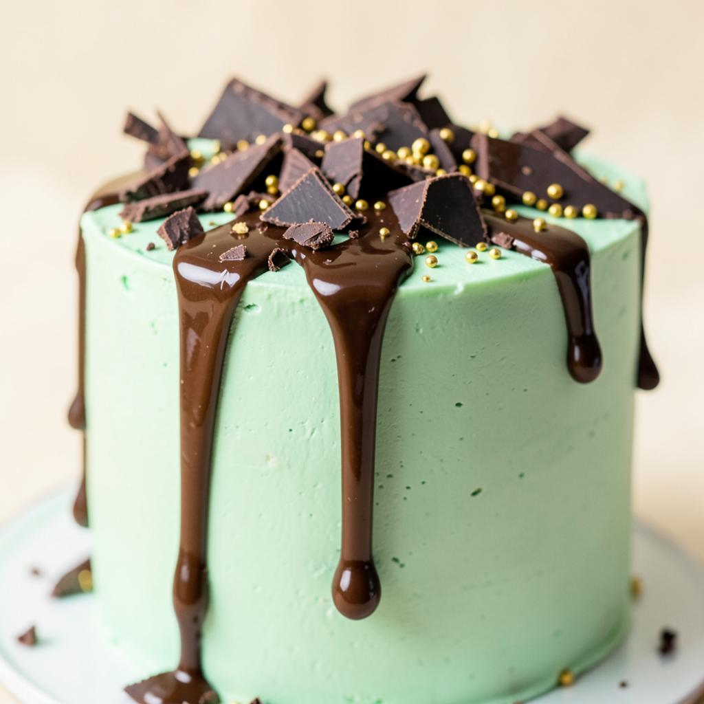 Chocolate drip on a mint green buttercream cake