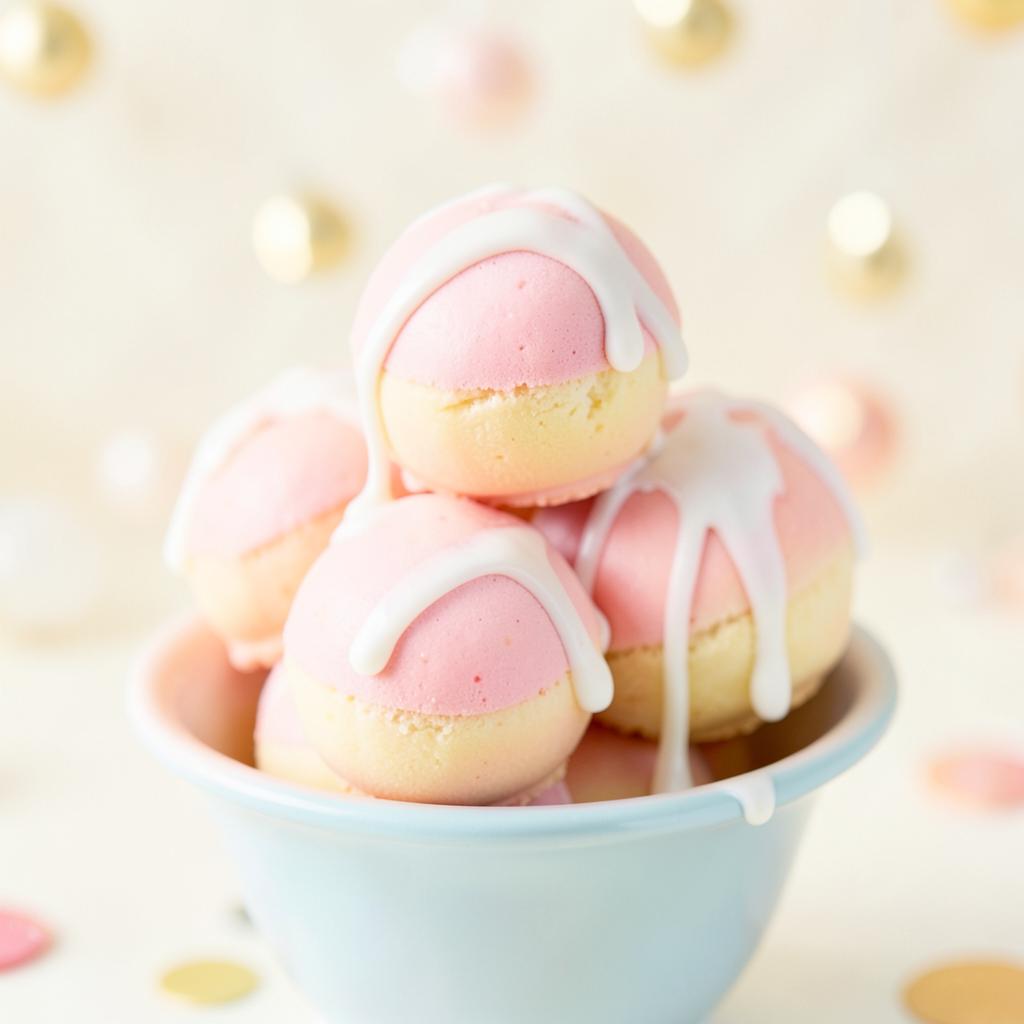 Peach and pink cake pops with white chocolate drizzle